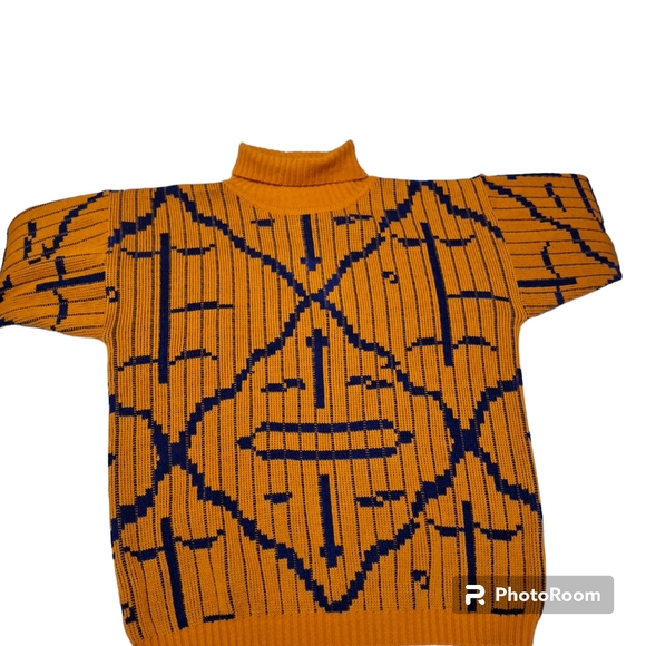 VTG LeRoy Knitwear Abstract Modernist 70s Sweater Sz L Orange & Blue - Picture 4 of 6